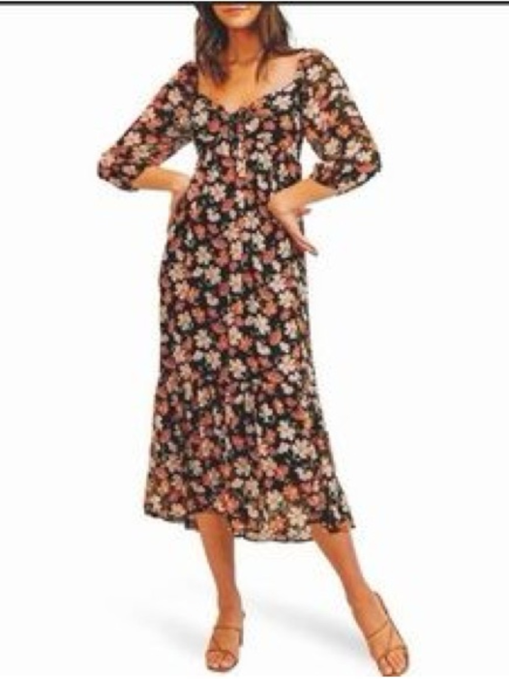 Lush Black Floral Midi Dress with Pink and Cream Blooms